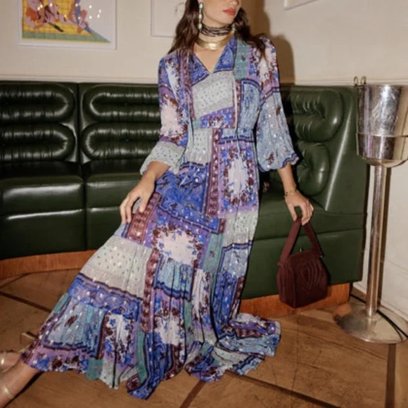 chinese dress ladies Rixo Midi Dress Camellia Floral Print Pleated Silk Size Small Long Sleeve V-Neck